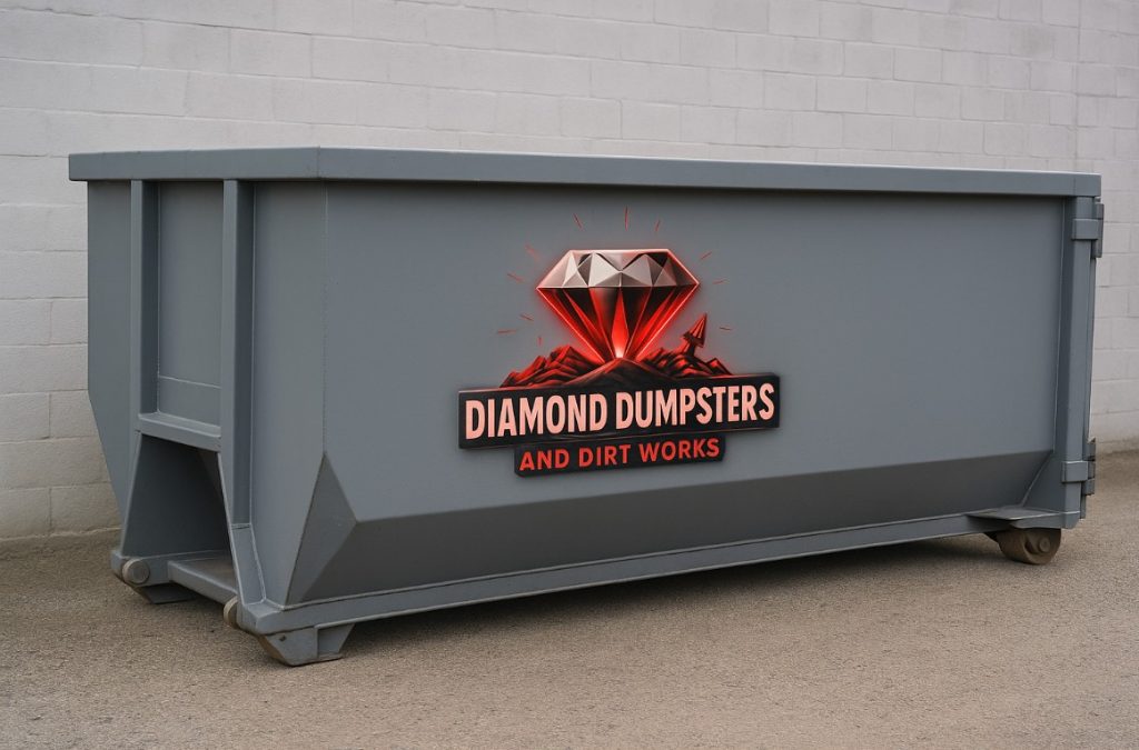Side of a Diamond Dumpsters roll-off dumpster with logo