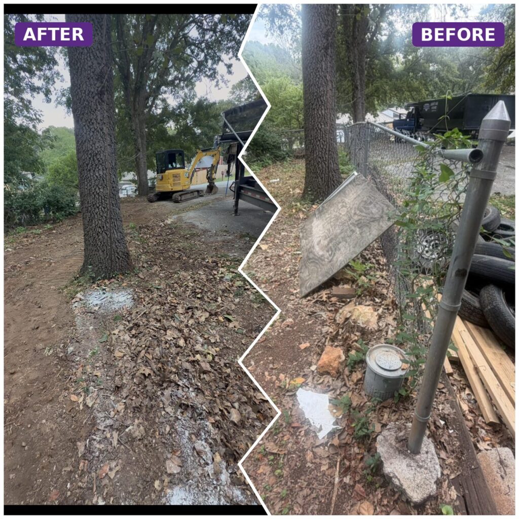 Before and after a yard cleanup: tires, lumber and debris along a fence removed and the ground cleared