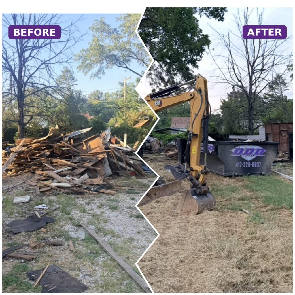 Before and after demolition cleanup: pile of debris removed and the lot cleared, with a CAT mini excavator and a Diamond Dumpsters & Dirtworks dumpster
