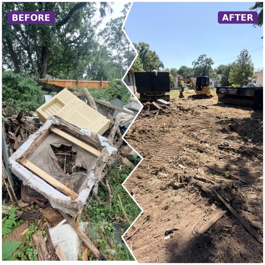 Before and after clearing an overgrown lot: junk pile and brush removed, ground cleared with a mini excavator and roll-off dumpsters on site