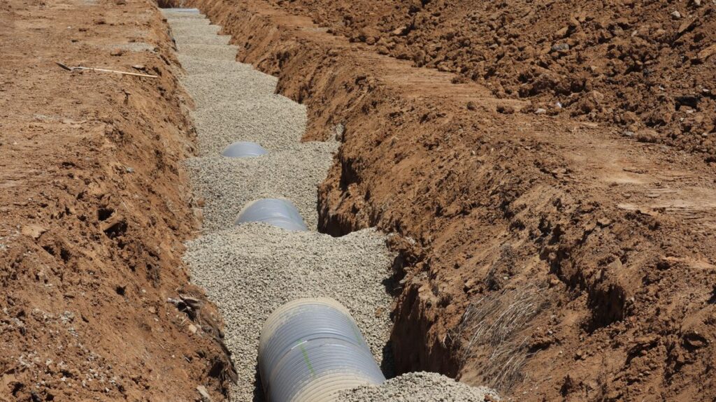 Sewer pipe laid in an excavated trench